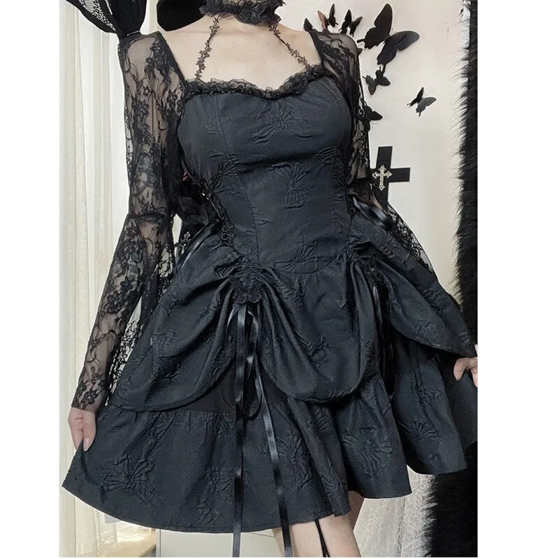 Purpdrank - 2023 New Gothic Lace Up Black Summer Dress Women Streetwear Long Sleeve See Through Halter Dress Elegant Party Sexy Mini Dresses