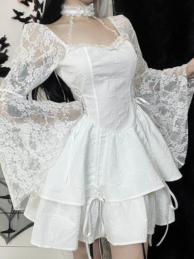 Purpdrank - 2023 New Gothic Lace Up Black Summer Dress Women Streetwear Long Sleeve See Through Halter Dress Elegant Party Sexy Mini Dresses