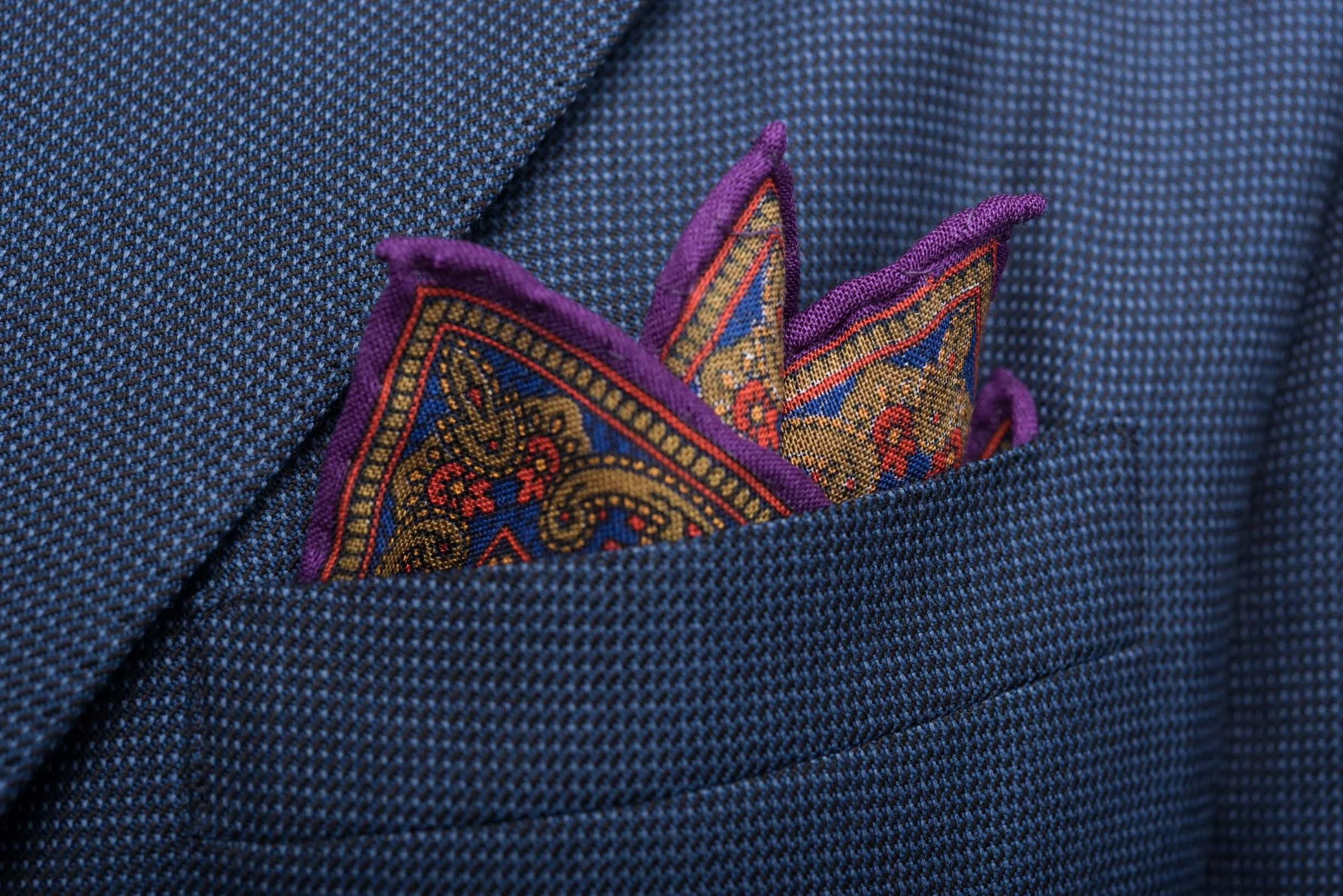 Purple & Orange Medallion Silk Wool Pocket Square
