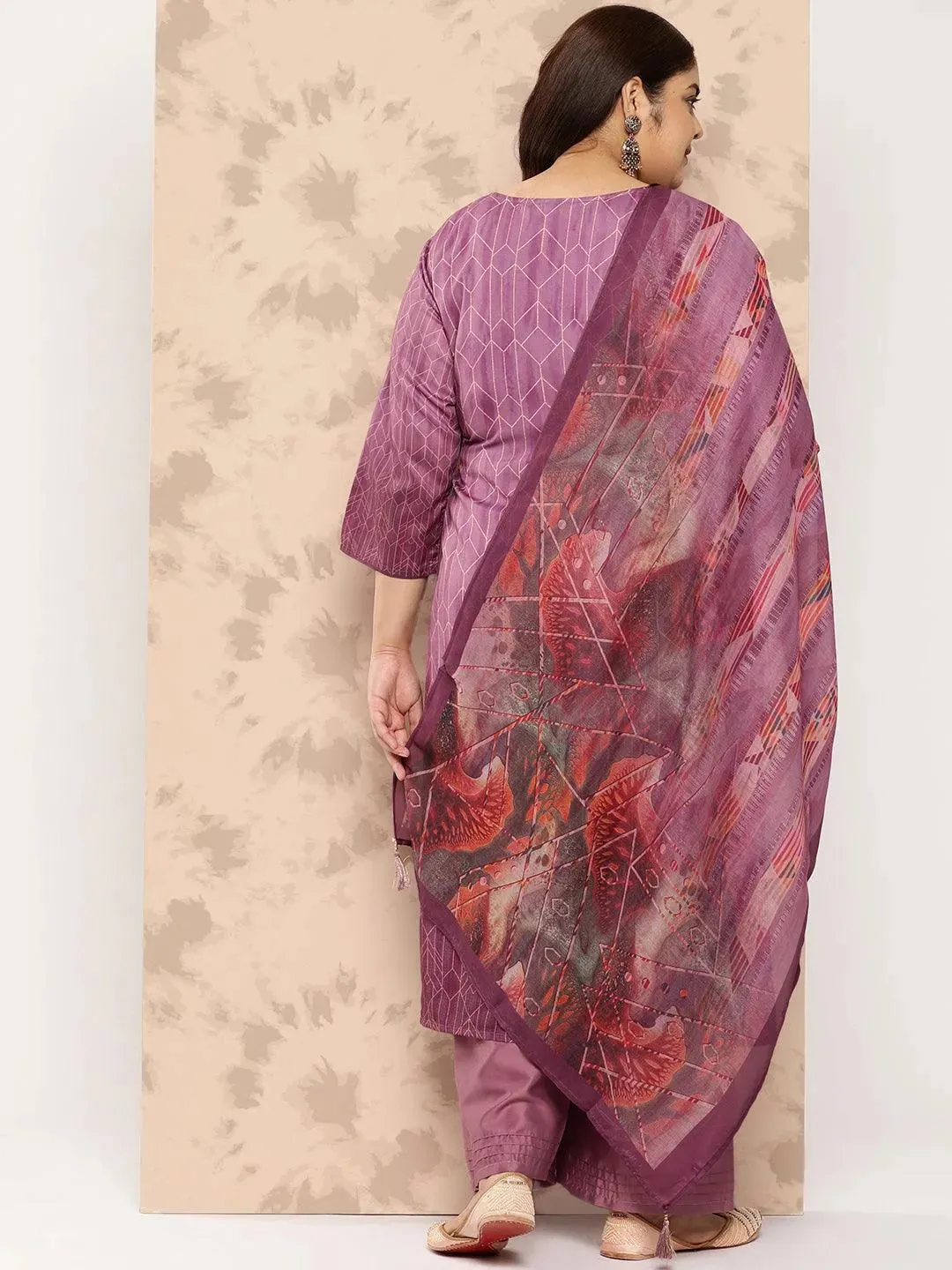 Purple Embroidered Silk Blend Straight Kurta With Trousers and Dupatta