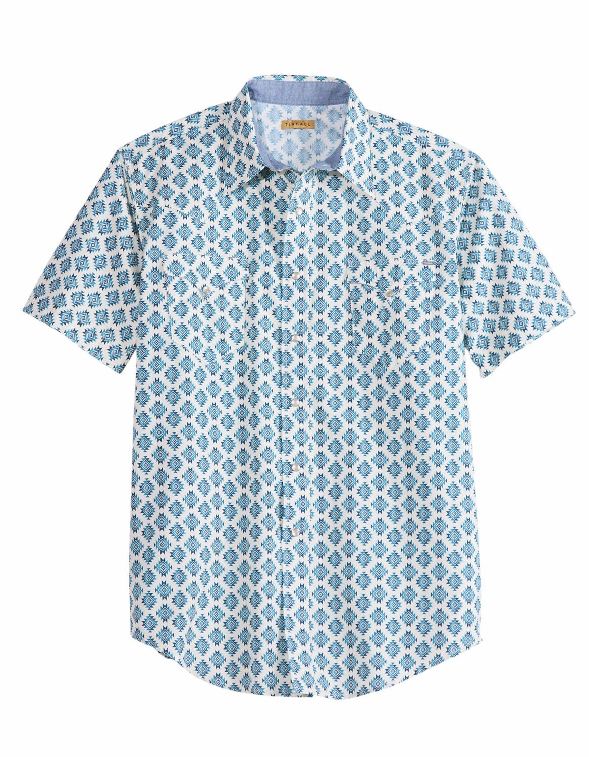 Trendy Pattern Tin Haul Mens Ombre Aztec Tiles Blue/White 100% Cotton S/S Shirt