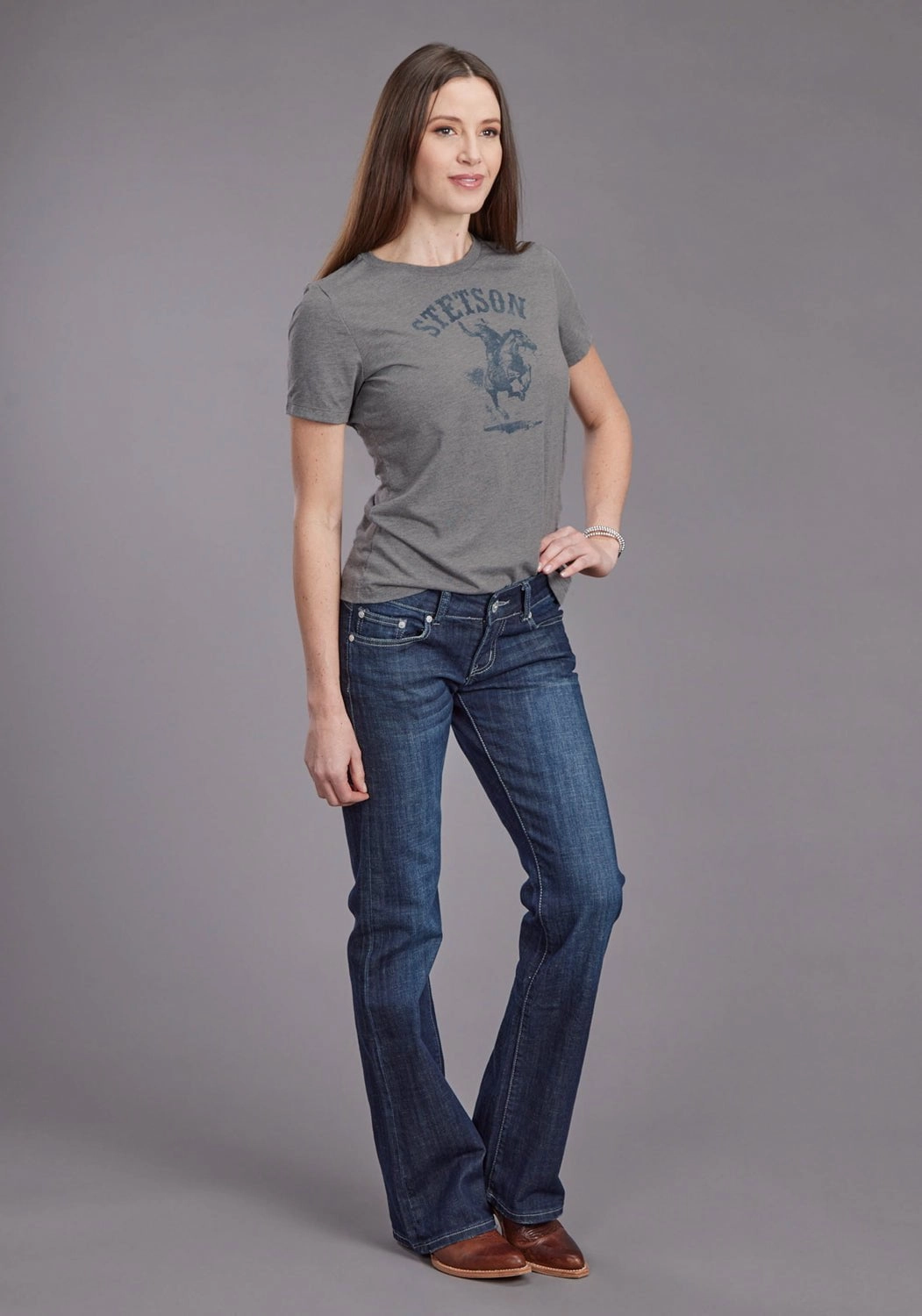 Stetson Womens Bronc Rider Grey Cotton Blend S/S T-Shirt Fade Resistant Formula