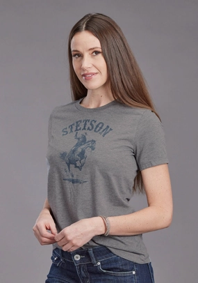 Stetson Womens Bronc Rider Grey Cotton Blend S/S T-Shirt Smart Appearance Backpacking Trip