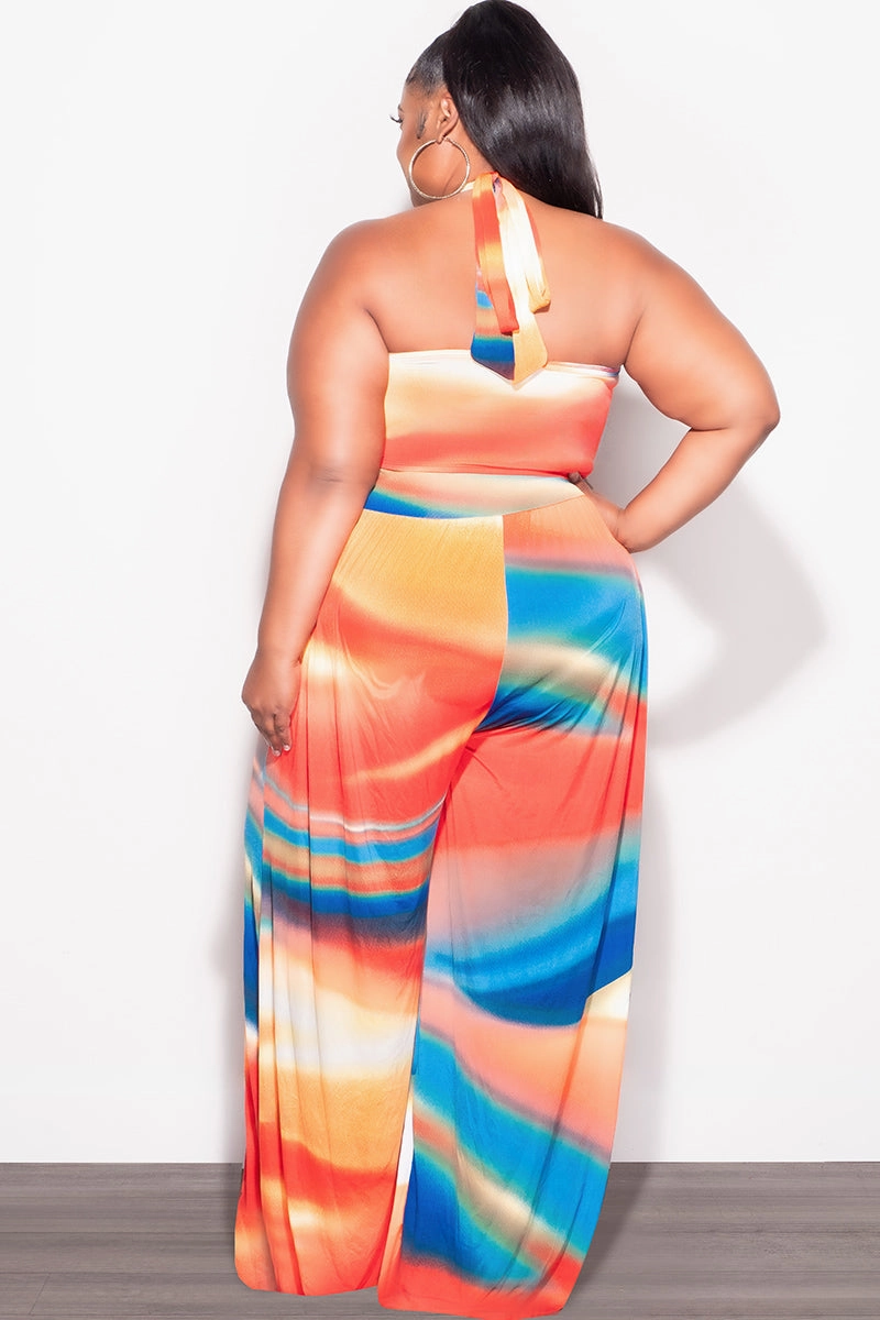 Cool Comfort Final Sale Plus Size 2pc Set Self Tie Top & Pants in Red, Royal, Blue and Orange Multi Color Print Summer