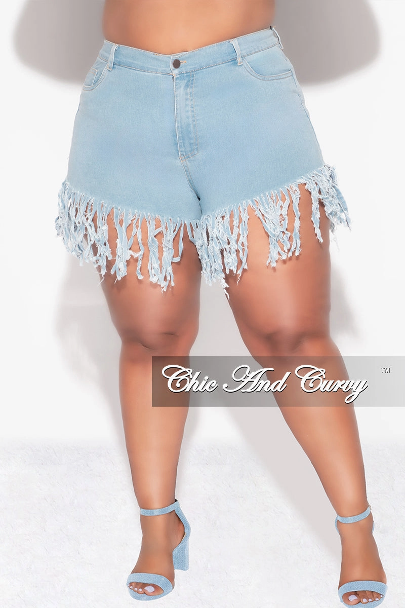 Final Sale Plus Size Blue Denim Fringe Shorts Cool Comfort Side Pockets