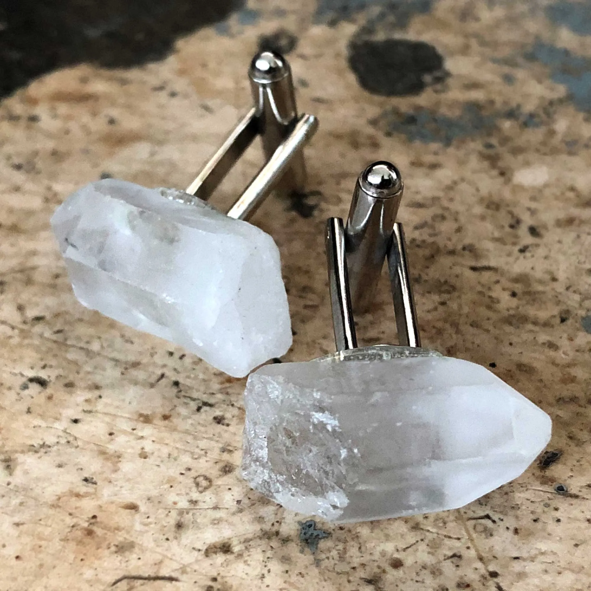 Quartz Point Cufflinks, raw stone crystal cuff links