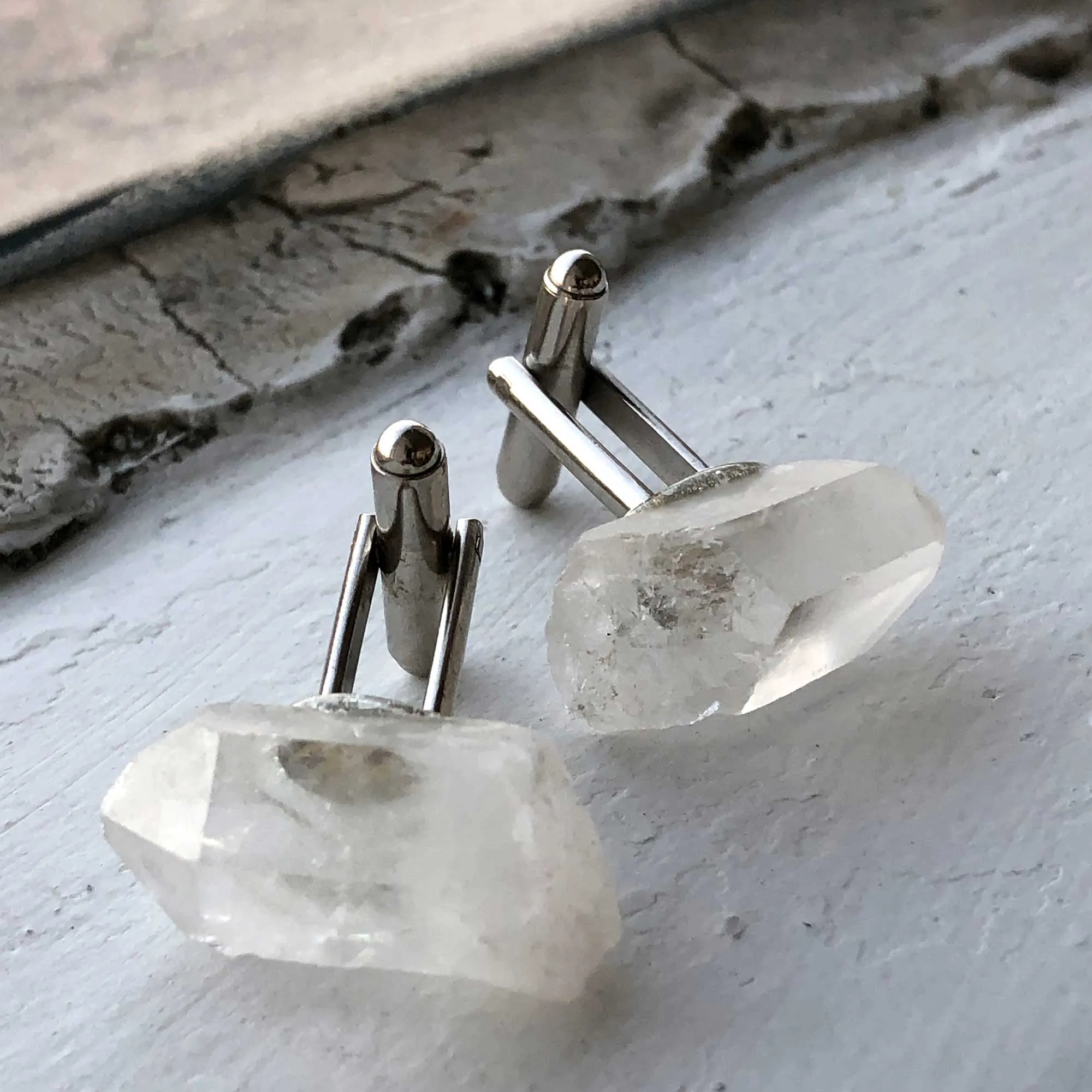 Quartz Point Cufflinks, raw stone crystal cuff links