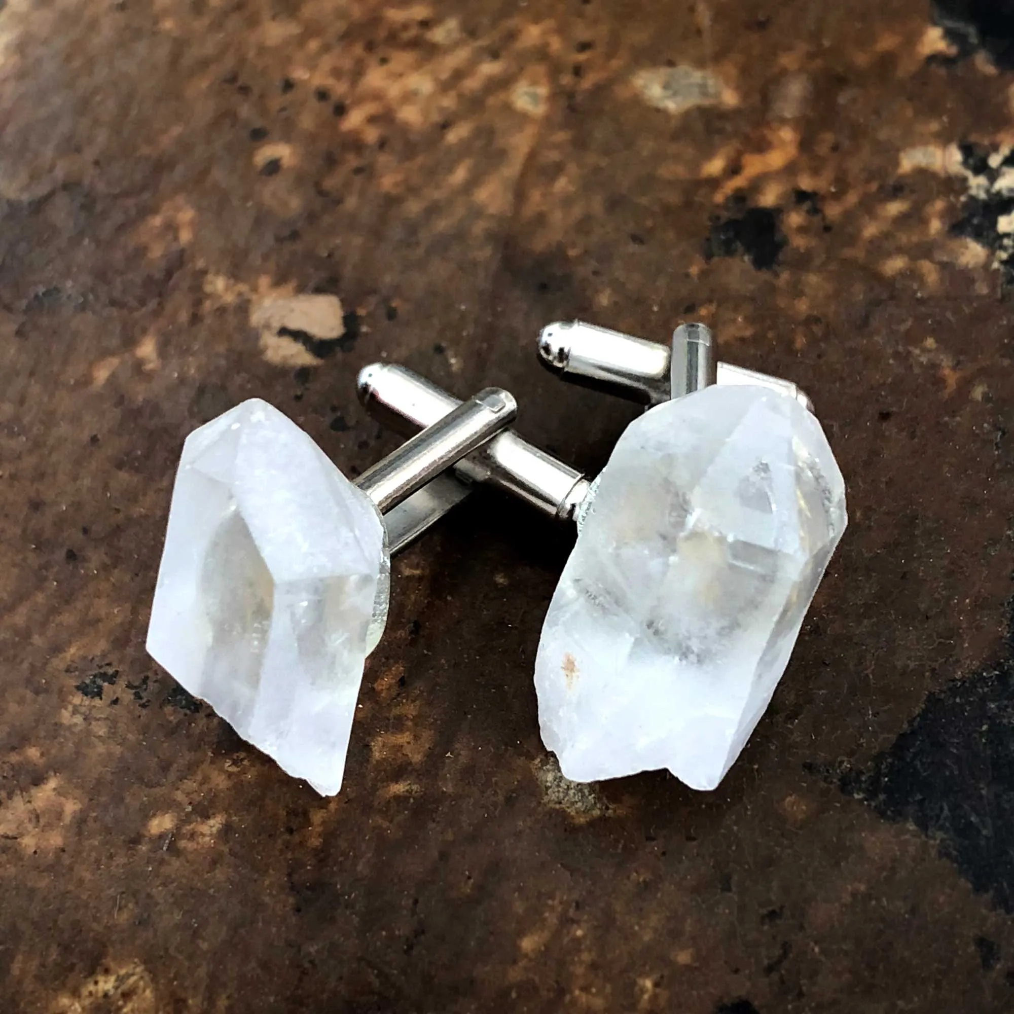 Quartz Point Cufflinks, raw stone crystal cuff links