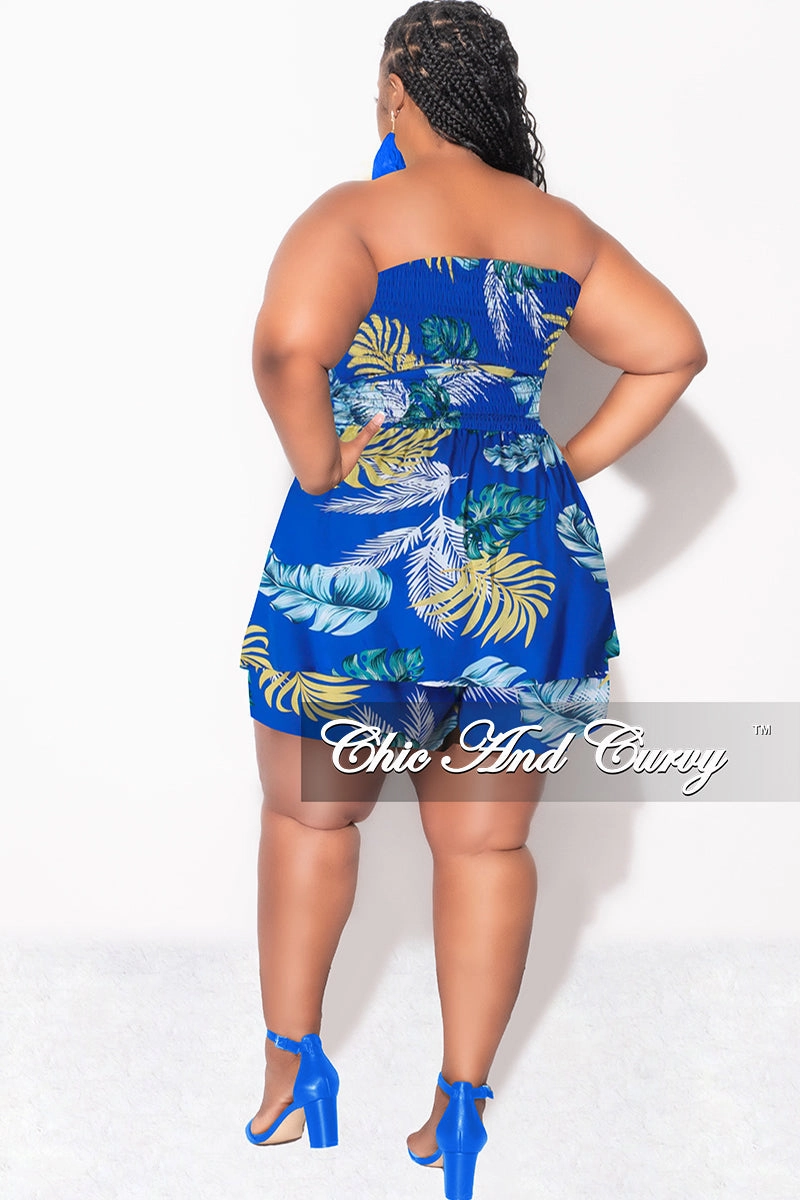 Final Sale Plus Size Strapless Romper in Royal Blue Leaf Print Urban appeal Slip Resistant