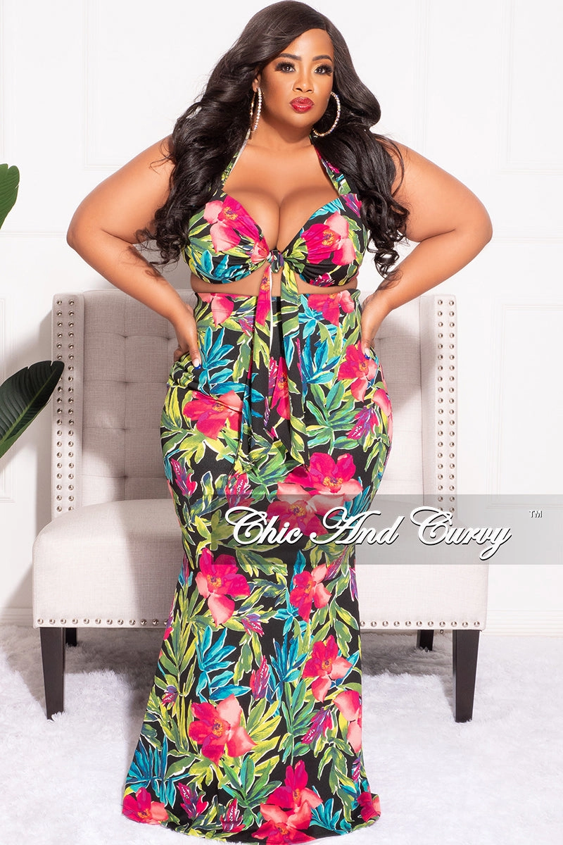 Final Sale Plus Size 2pc Halter Crop Tie Top and Maxi Skirt Set in Fuchsia & Black Floral Print Flexible Waistband breathable panels