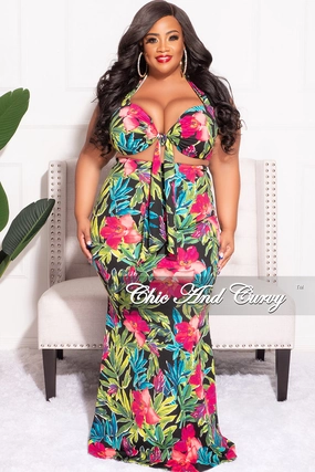 Final Sale Plus Size 2pc Halter Crop Tie Top and Maxi Skirt Set in Fuchsia & Black Floral Print DurableBartack