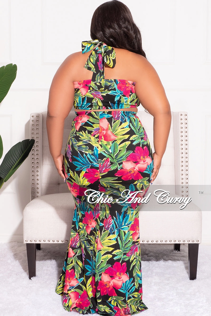 Final Sale Plus Size 2pc Halter Crop Tie Top and Maxi Skirt Set in Fuchsia & Black Floral Print Anti Pilling