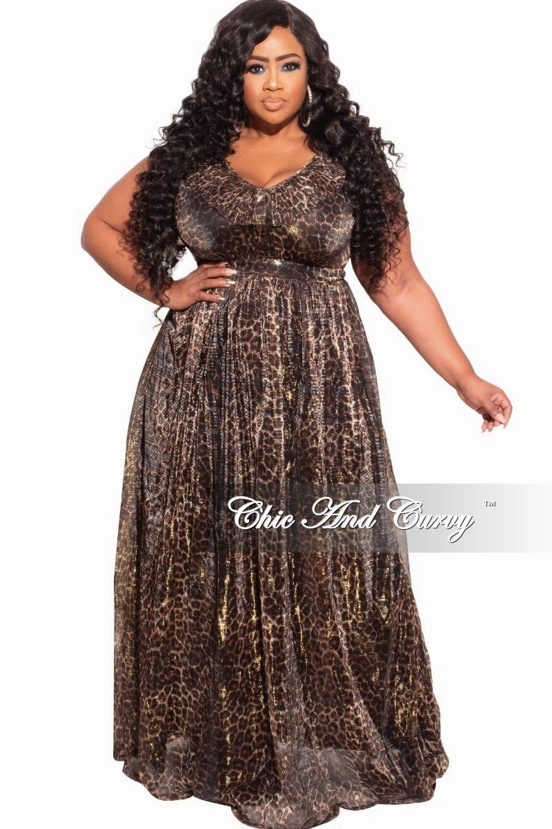 Heat Control work mode Final Sale Plus Size Ruffled V-neck Chiffon Gown in Cheetah Print