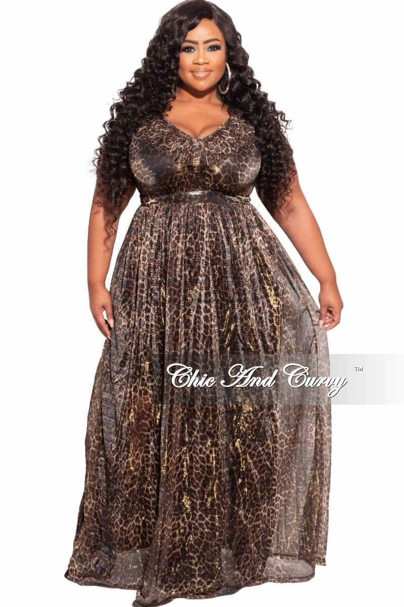 Stretchable Fabric Final Sale Plus Size Ruffled V-neck Chiffon Gown in Cheetah Print