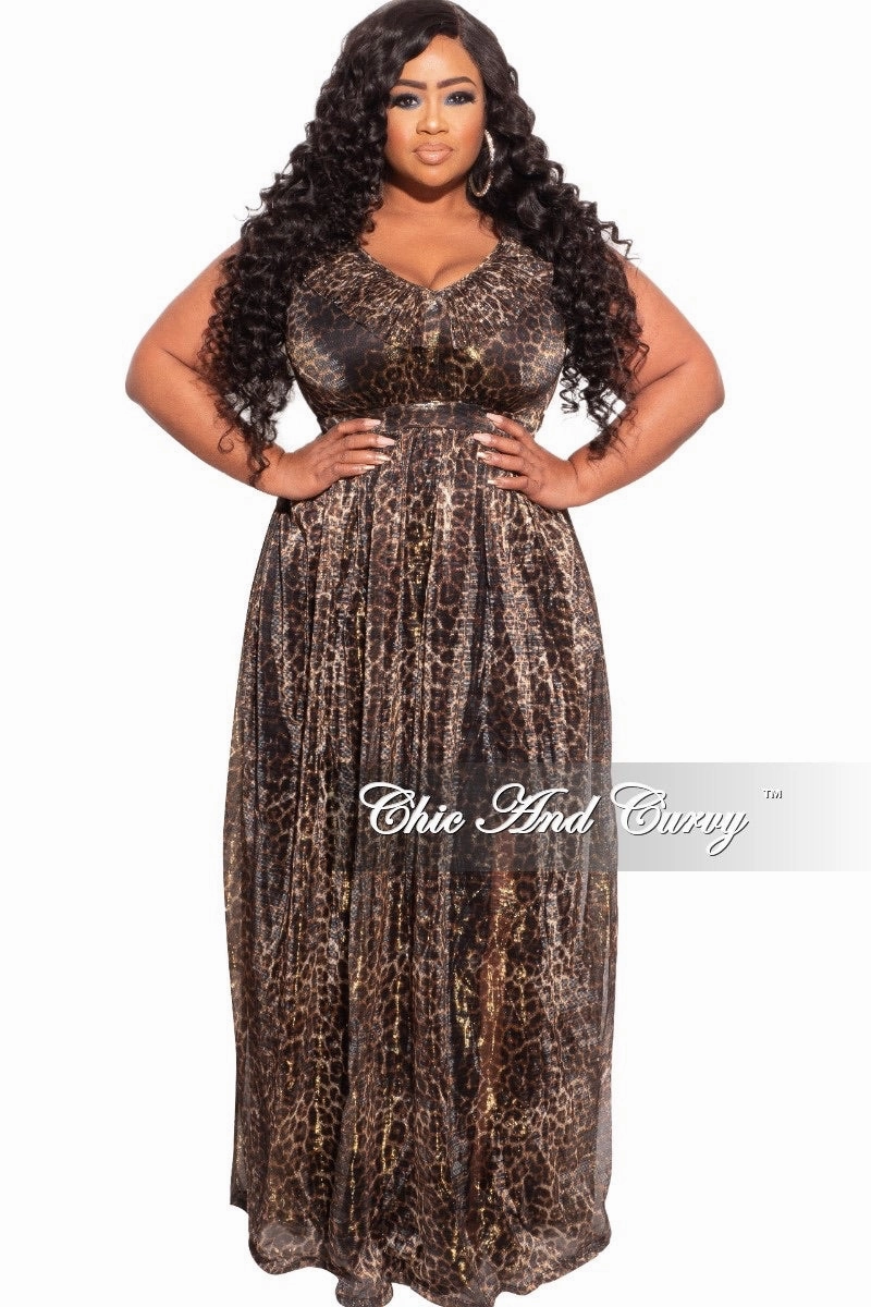 Final Sale Plus Size Ruffled V-neck Chiffon Gown in Cheetah Print Seamless Technology AntiStaticLining