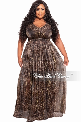 Stretchable Fabric Final Sale Plus Size Ruffled V-neck Chiffon Gown in Cheetah Print