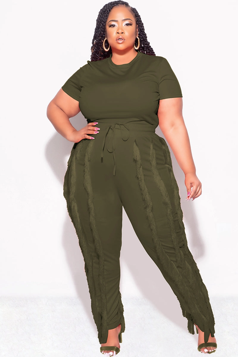 Final Sale Plus Size 2pc Tassel Pant Set in Olive Casual Comfort Fit Heat Friendly