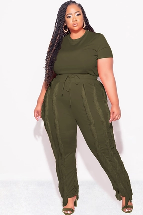 Final Sale Plus Size 2pc Tassel Pant Set in Olive Sport Friendly
