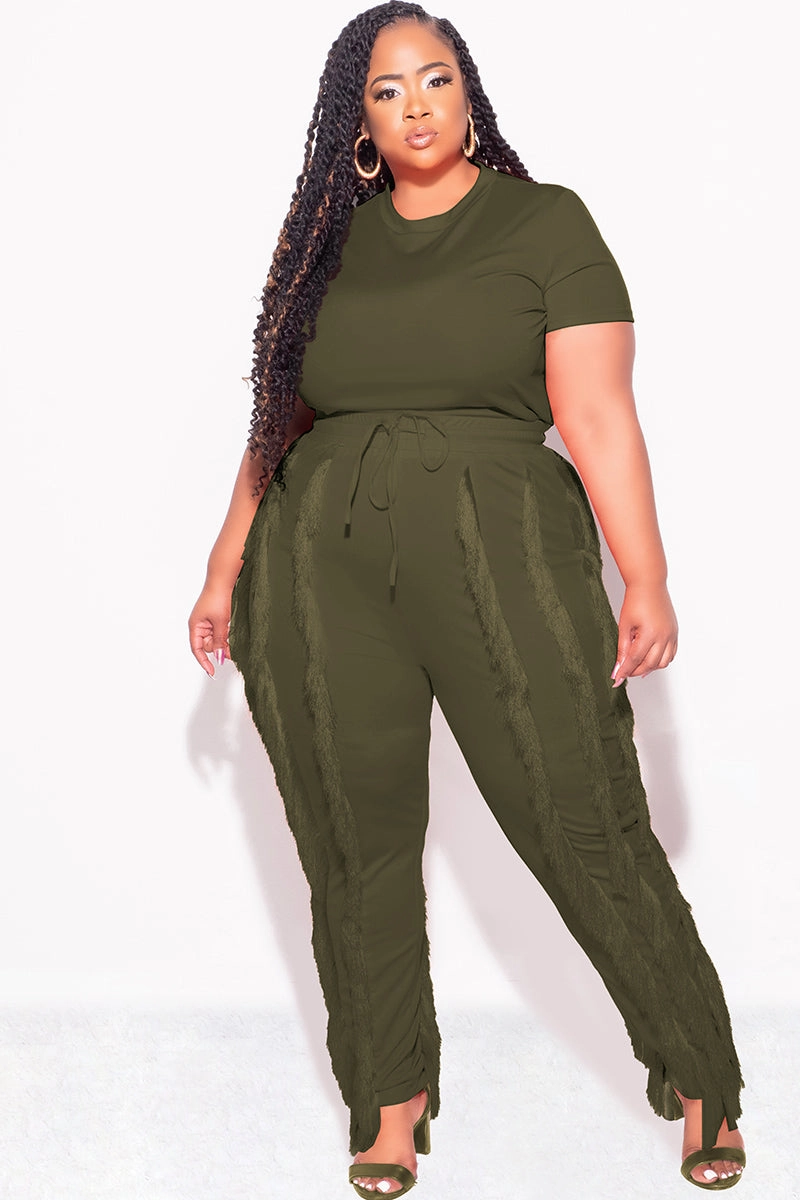 Final Sale Plus Size 2pc Tassel Pant Set in Olive Sport Friendly