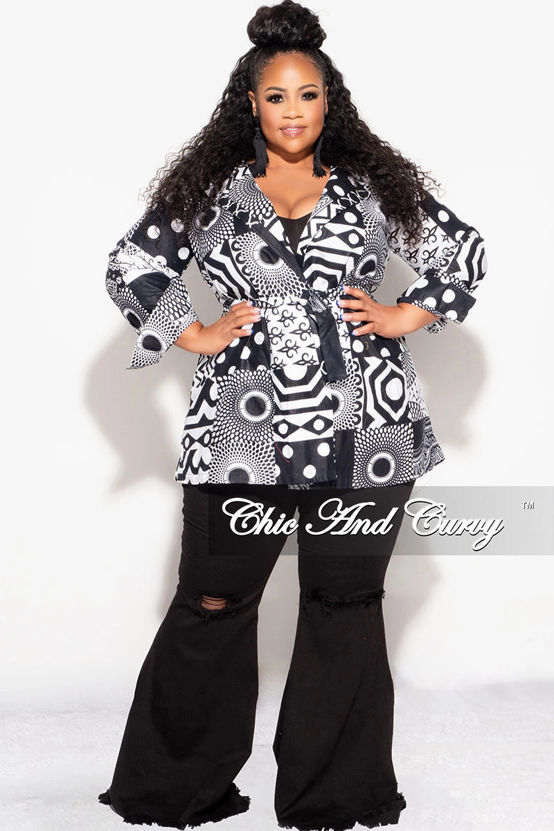 Final Sale Plus Size Blazer Jacket with Belt in Black and White Design Print Stay Cool Durable Material