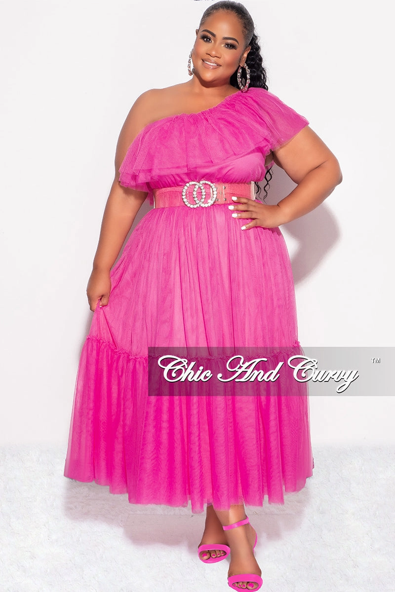 Final Sale Plus Size One Shoulder Mesh Dress in Pink Comfort Layer Wear All Fit