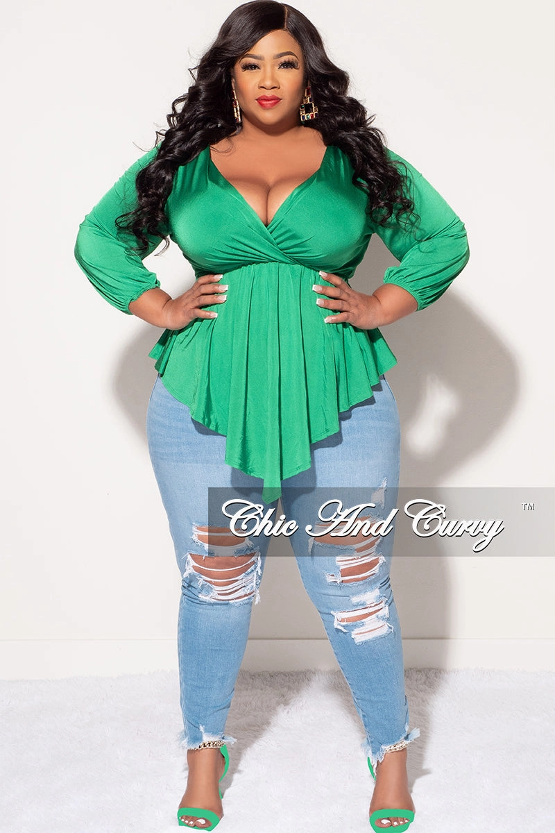 Final Sale Plus Size Faux Wrap Asymmetrical Top in Green Neutral Fit