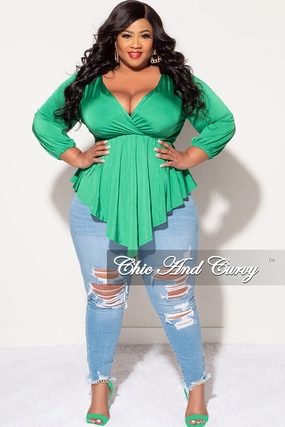 Final Sale Plus Size Faux Wrap Asymmetrical Top in Green Minimal Fit