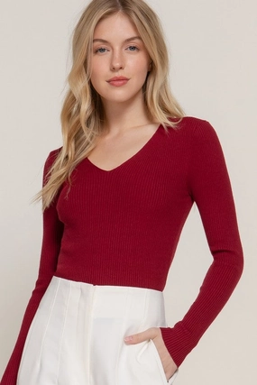 HighStretch NICKI LONG SLEEVE V-NECK FITTED VISCOSE RIB SWEATER TOP