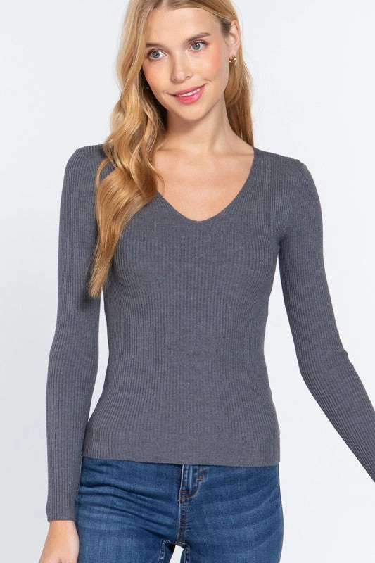 Layered Shoulder Reflective Trim Details NICKI LONG SLEEVE V-NECK FITTED VISCOSE RIB SWEATER TOP
