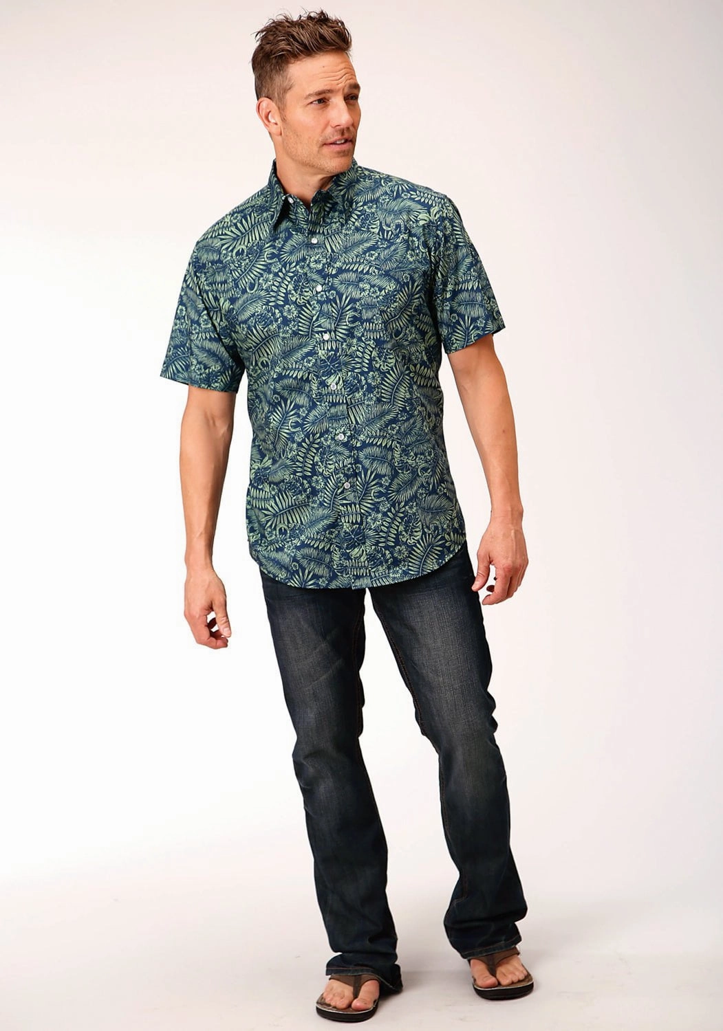 No Slip Shoulder Grips Contemporary Style Roper Mens Lucky Tropical Print Green 100% Cotton S/S Shirt