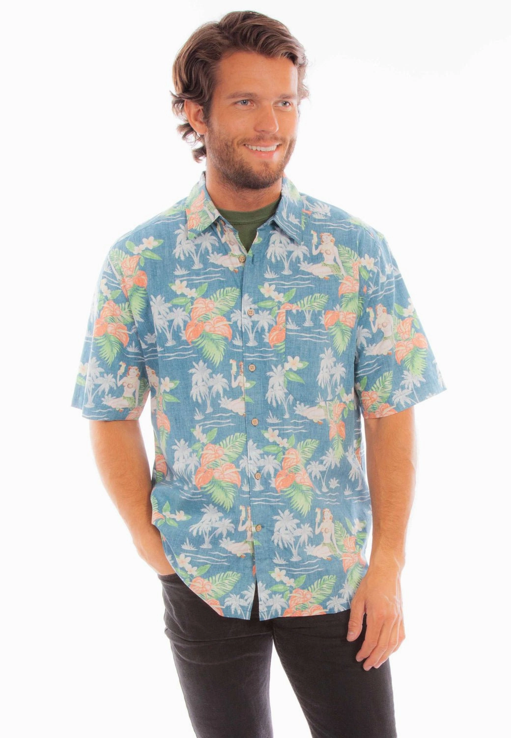 Scully Mens Hawaiian Coconuts Blue 100% Cotton S/S Shirt Soft Comfort Seasonal Trend