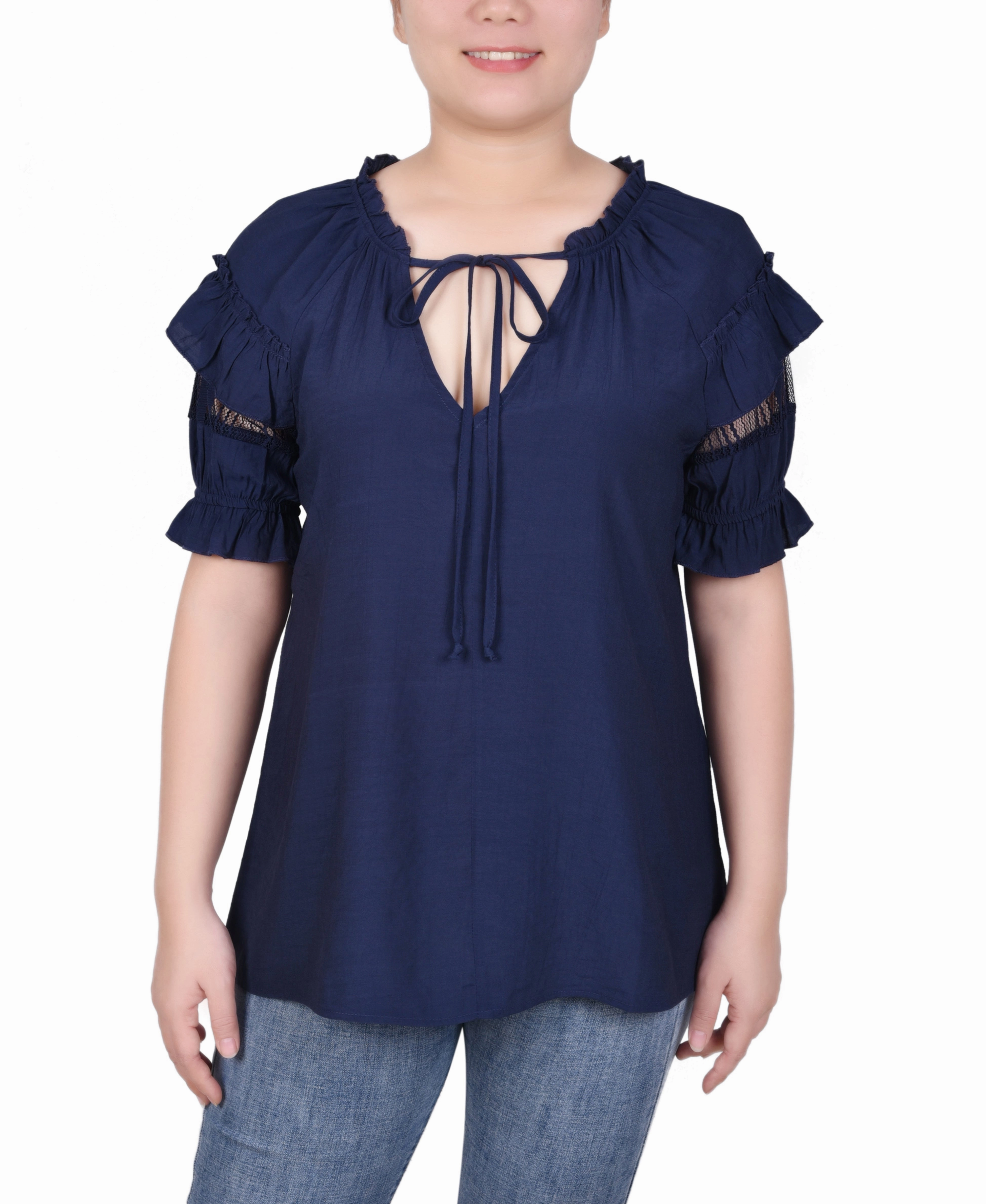 Quick Access Pockets Short Ruffled Sleeve Blouse