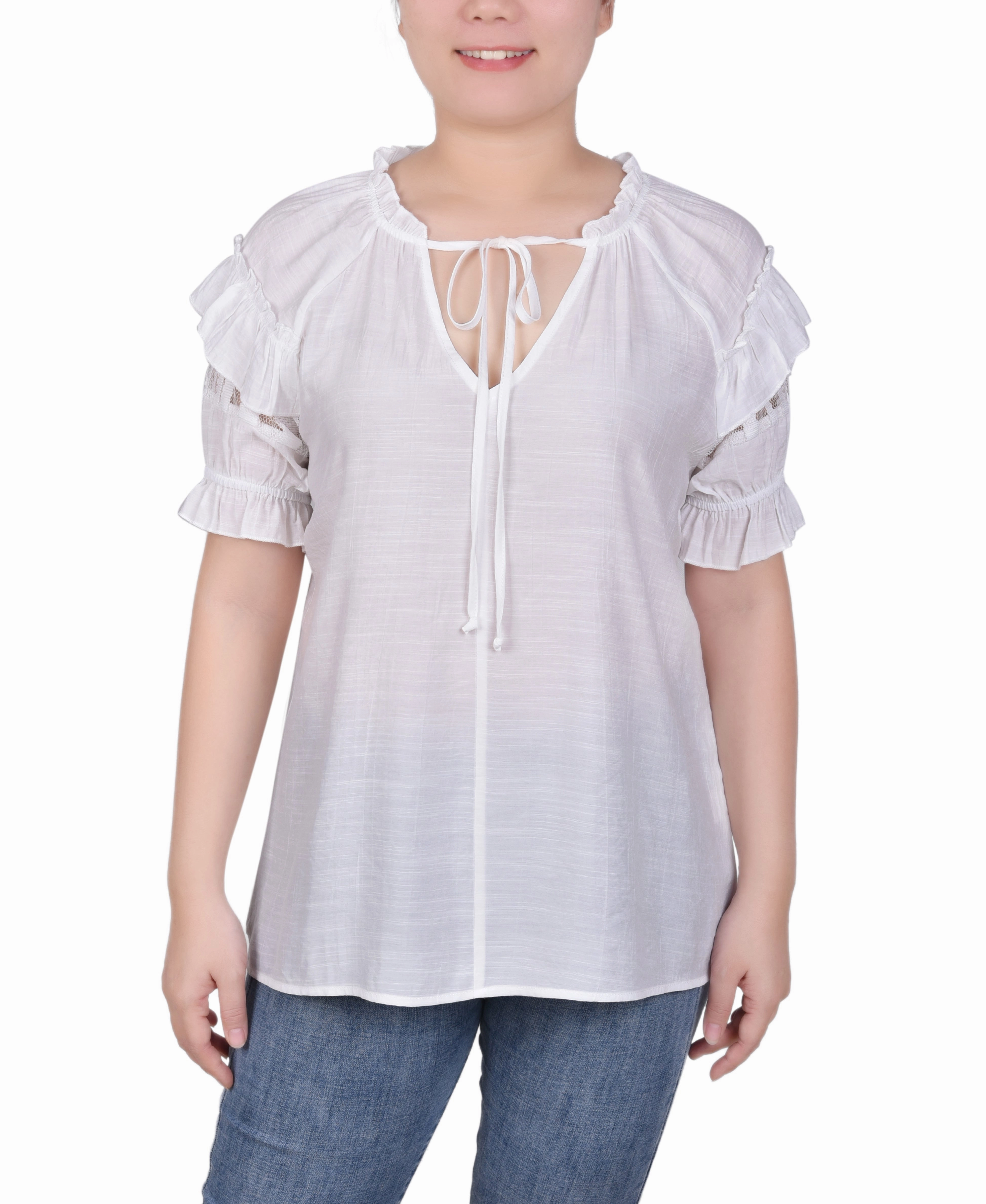 Short Ruffled Sleeve Blouse Casual Style Adjustable Hem Toggles