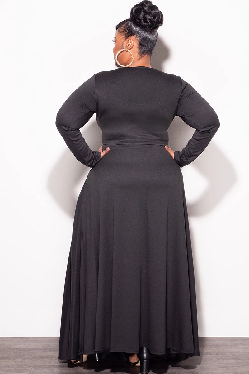 Final Sale Plus Size 2pc Maxi Skirt Set with Round Neck in Black Contrast Trim