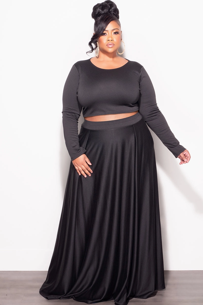 Practical Style Final Sale Plus Size 2pc Maxi Skirt Set with Round Neck in Black