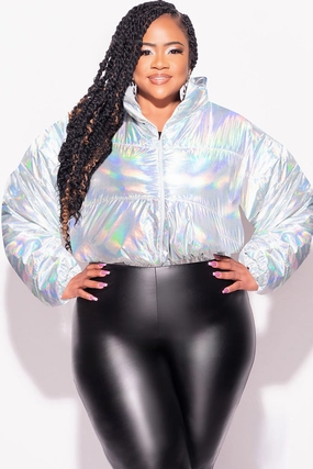 Final Sale Plus Size Shiny Crop Puffer Jacket in Silver Iridescent Quick Change