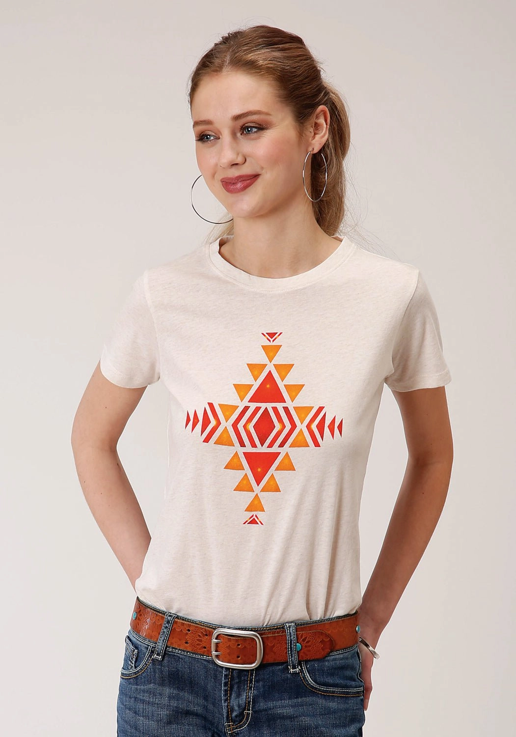 Gym Wear Roper Womens White 100% Cotton Red Aztec S/S T-Shirt