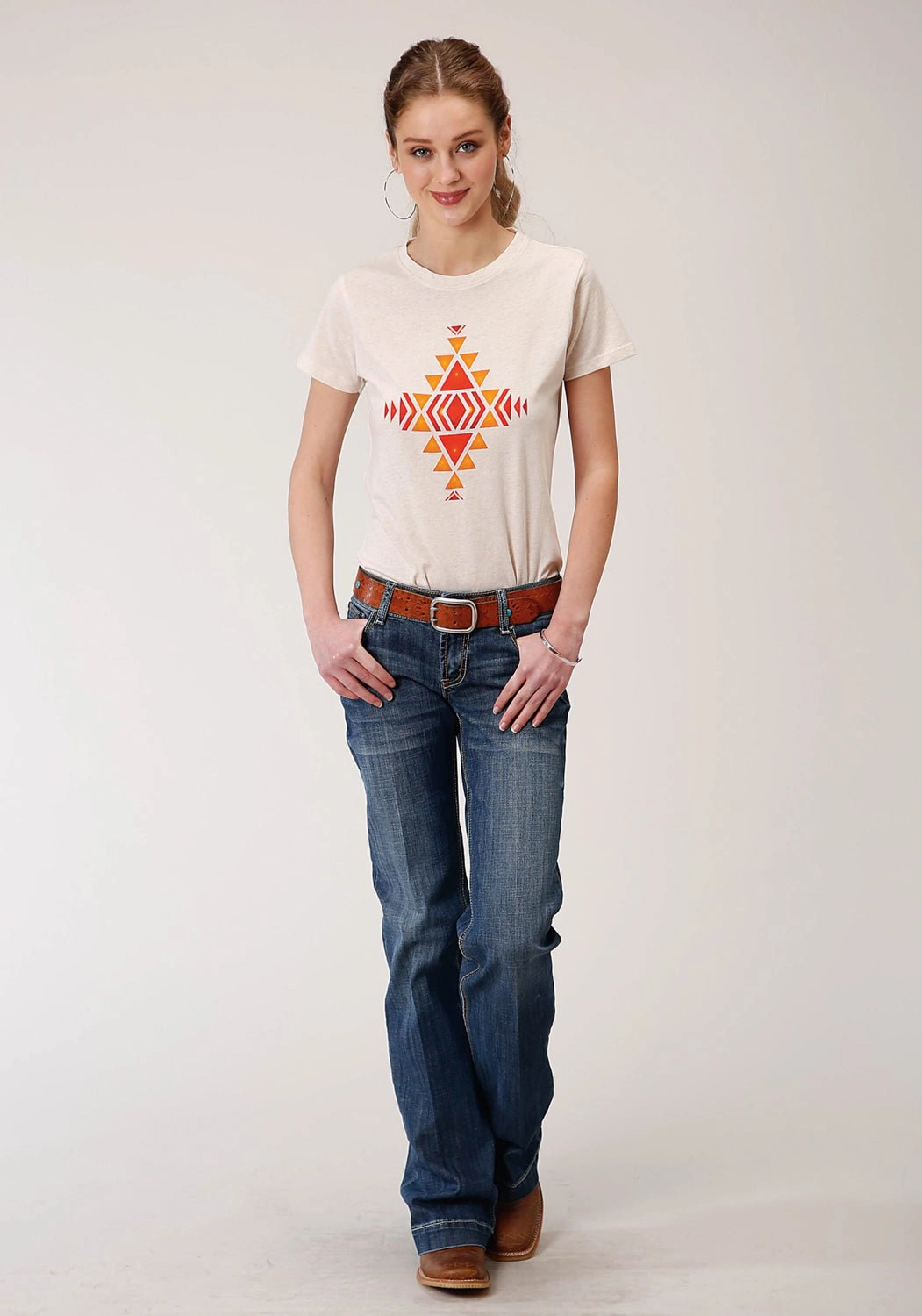 Winter Comfort Roper Womens White 100% Cotton Red Aztec S/S T-Shirt