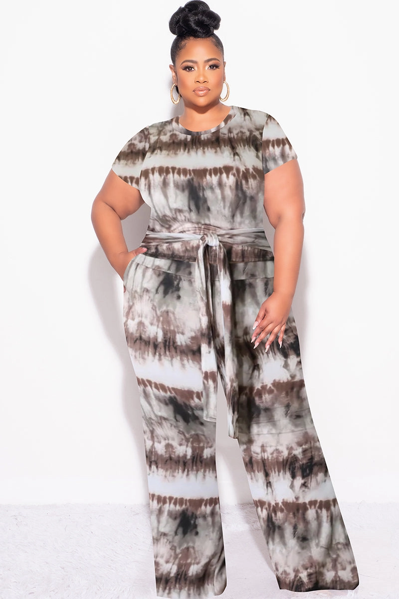 Final Sale Plus Size 2pc Crop Tie Top and Pants Set in Brown & Cream Tie Dye Print Lightweight Feel Slim Look Fit