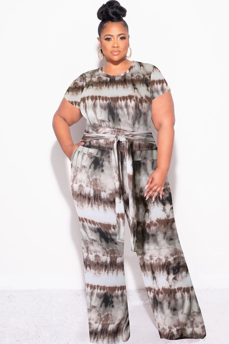 Final Sale Plus Size 2pc Crop Tie Top and Pants Set in Brown & Cream Tie Dye Print AntibacterialCoating