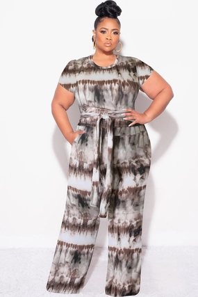 StaticDissipativeFabric Elasticized Cuffs Final Sale Plus Size 2pc Crop Tie Top and Pants Set in Brown & Cream Tie Dye Print