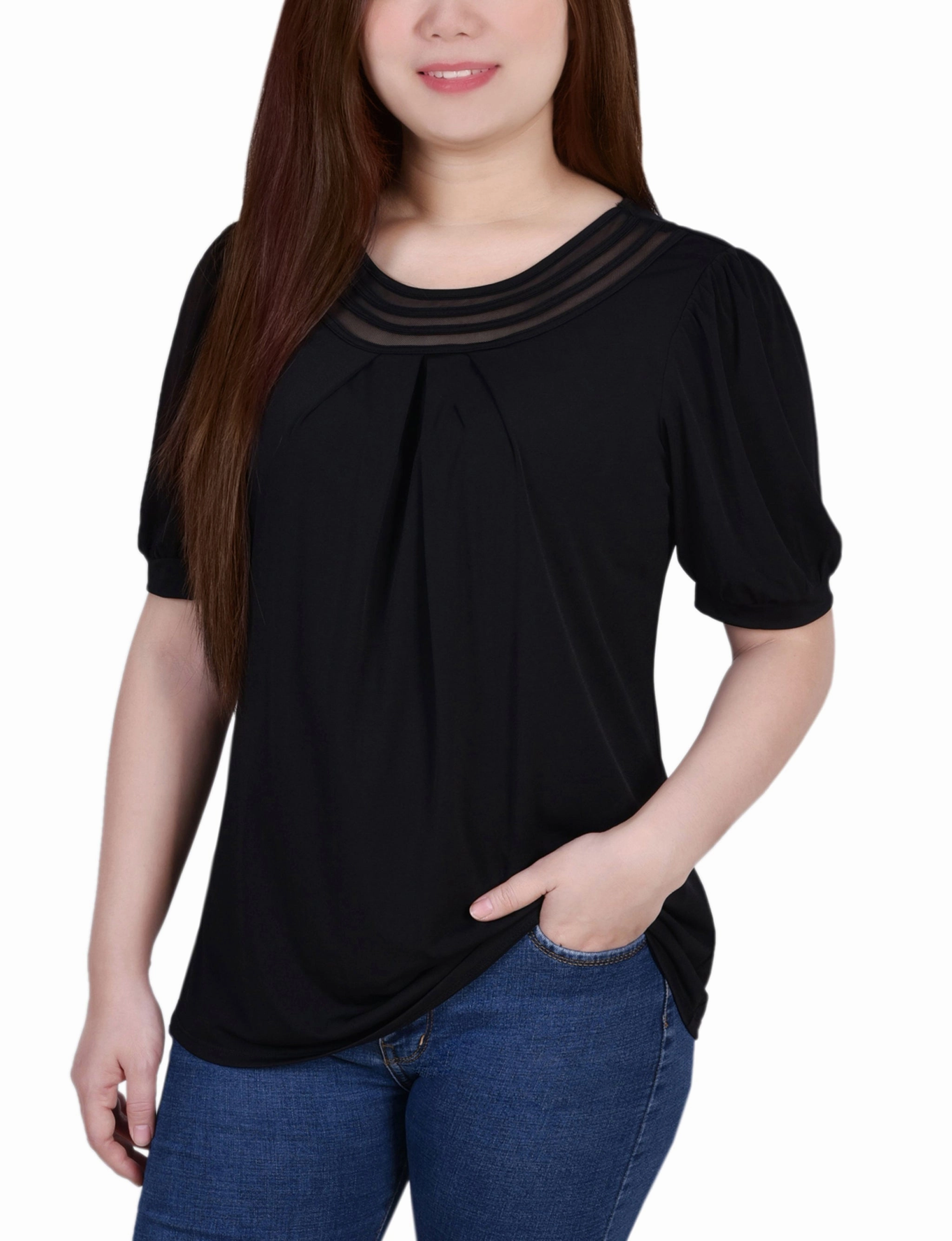 BiodegradableFabric Short Puff Sleeve Sheer Inset Top