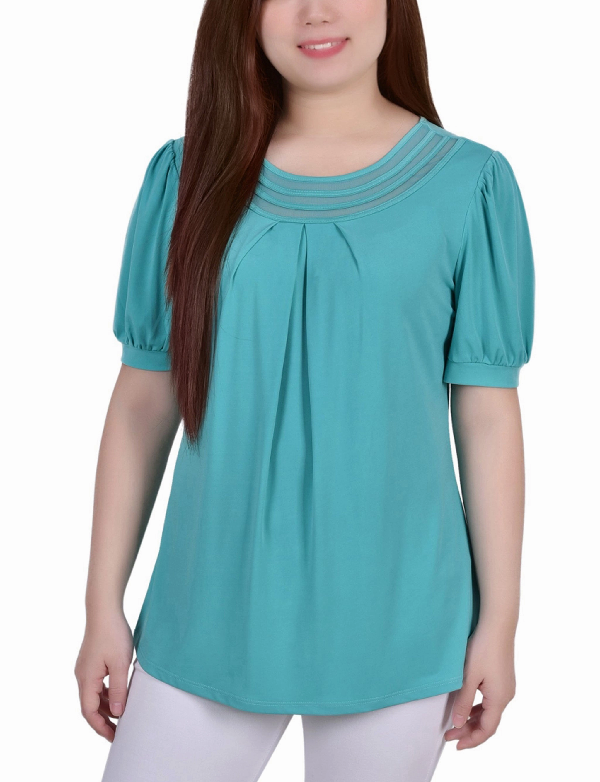 Butter Soft Handfeel Short Puff Sleeve Sheer Inset Top