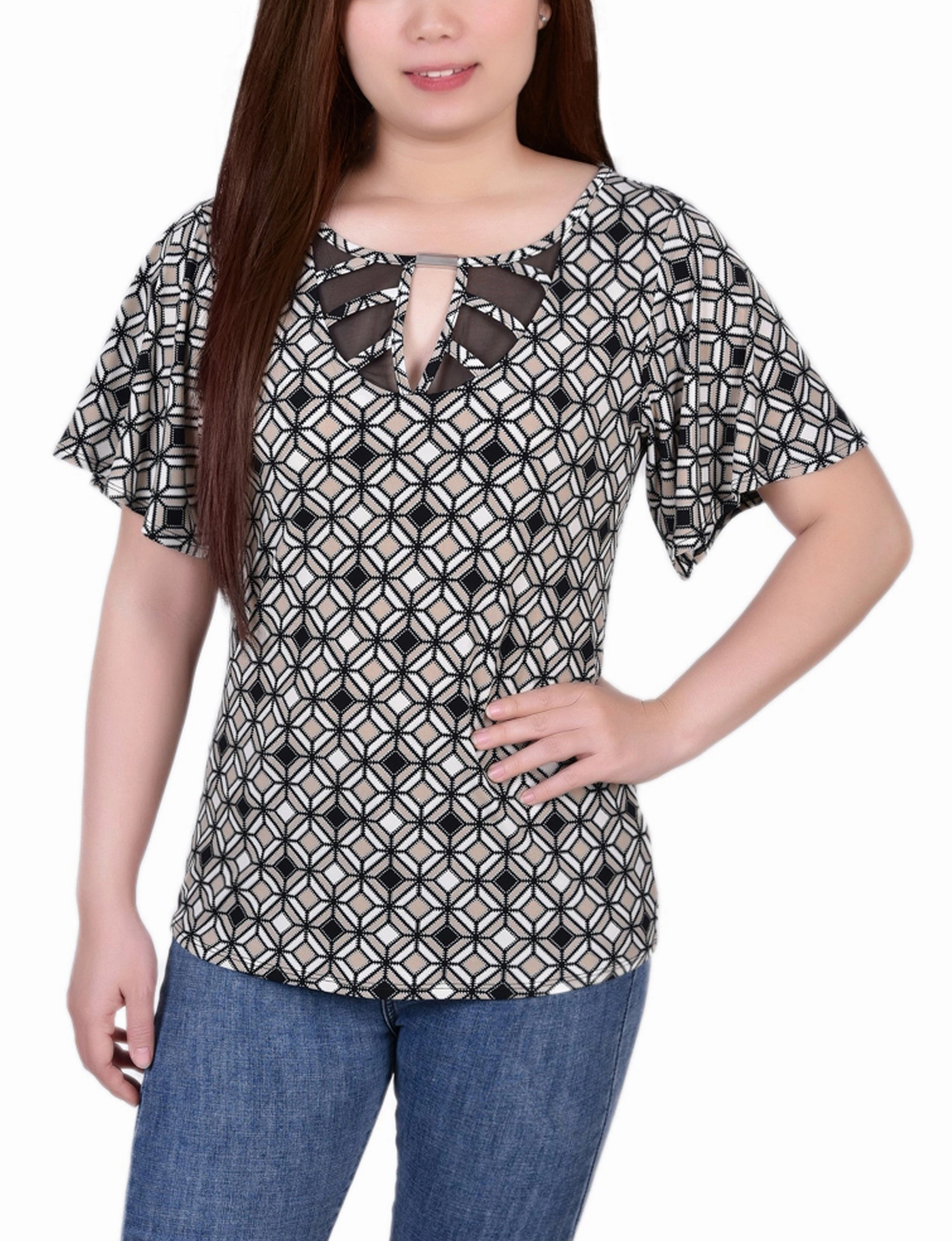 Petite Mesh Flutter Sleeve Knit Top Stay Cool Technology