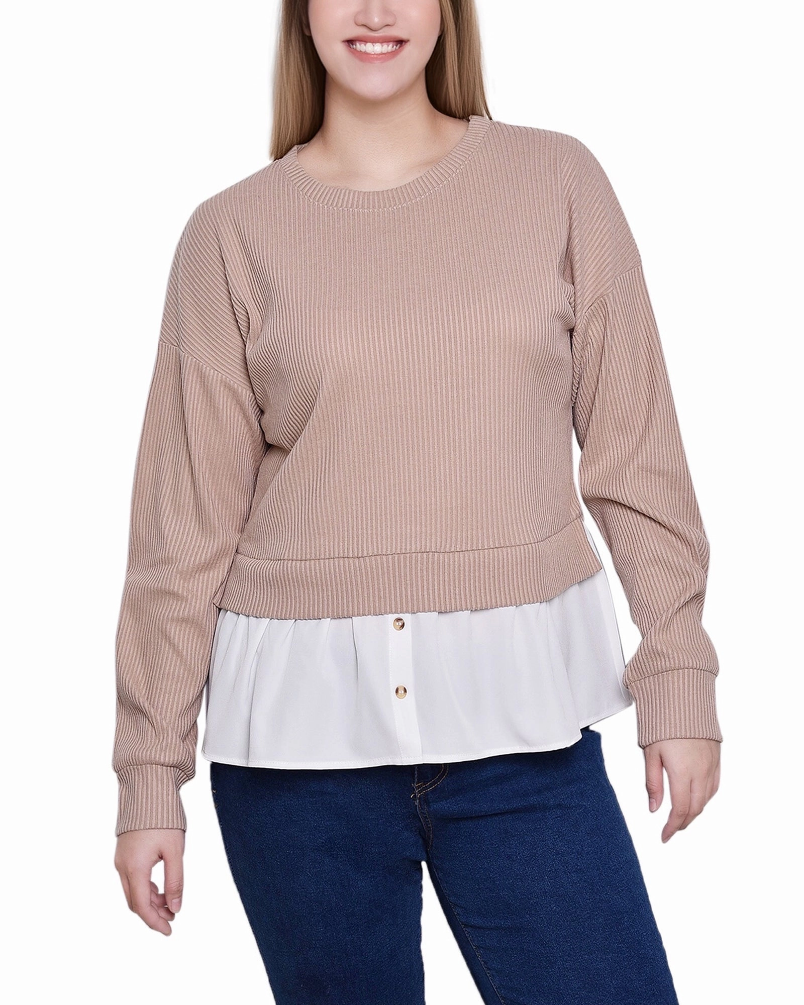 Petite Long Sleeve Two-Fer Top With Gathered Inset SlipResistant
