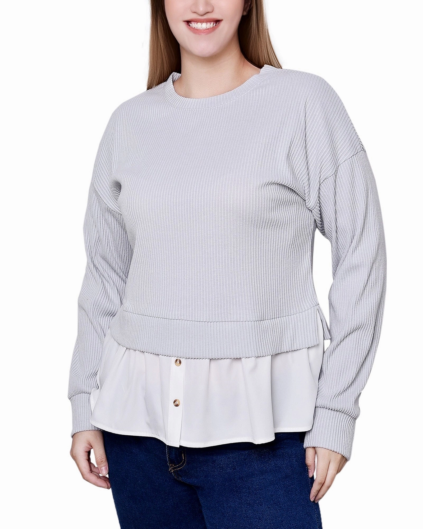 All-Purpose Petite Long Sleeve Two-Fer Top With Gathered Inset