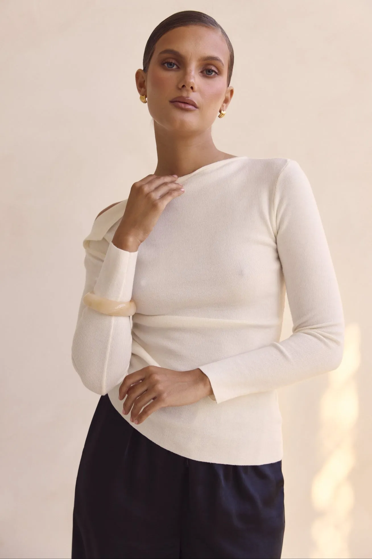 Tanya Knit Top (Cream) Anti Pill Finish Yarn Dye Stripe