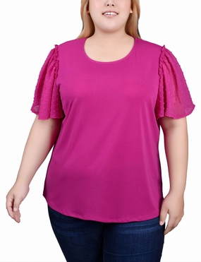 Ultrasoft Inner Lining Layered Hem Detailing Plus Size Clip Dot Flutter Sleeve Top