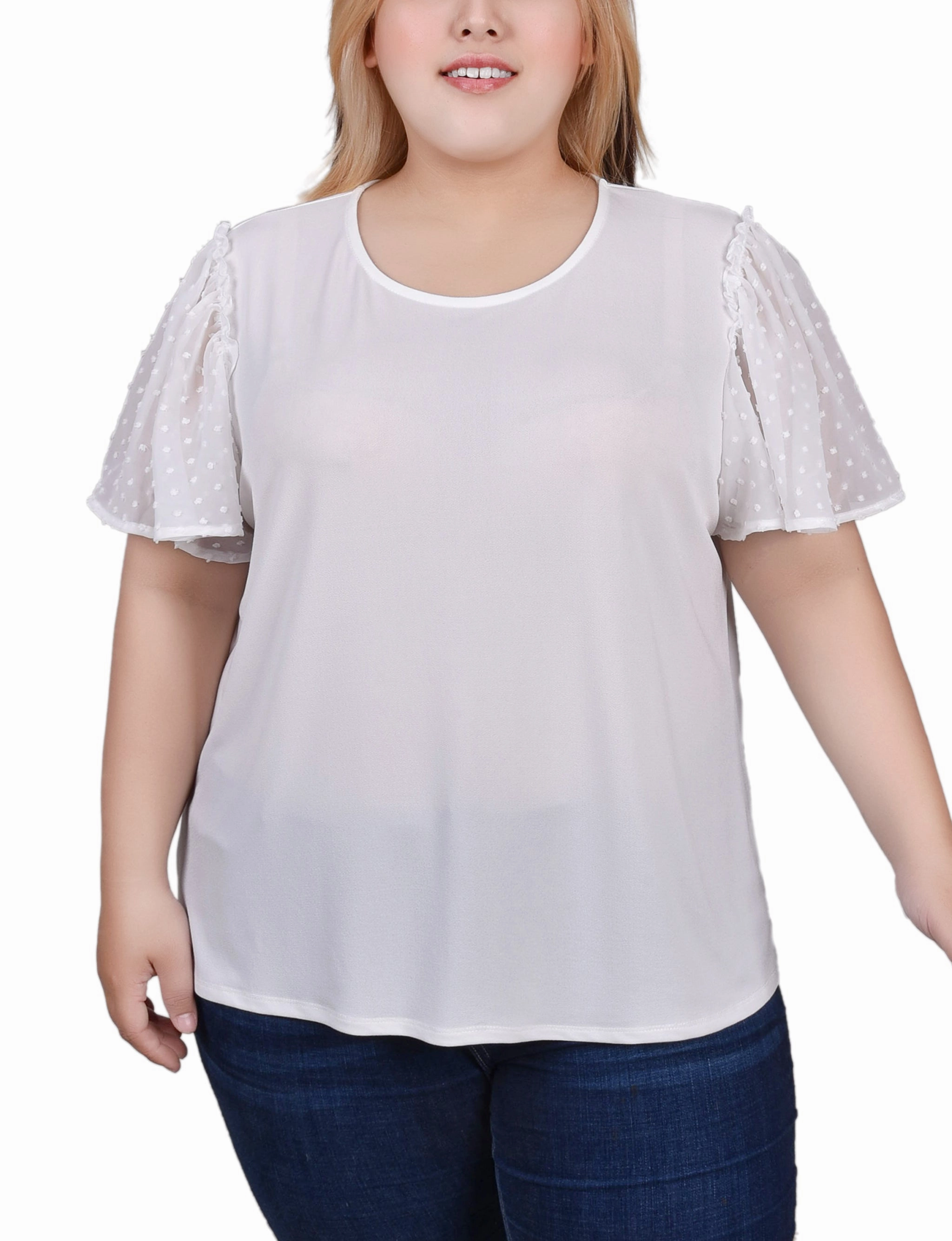 Plus Size Clip Dot Flutter Sleeve Top RibbedTrims