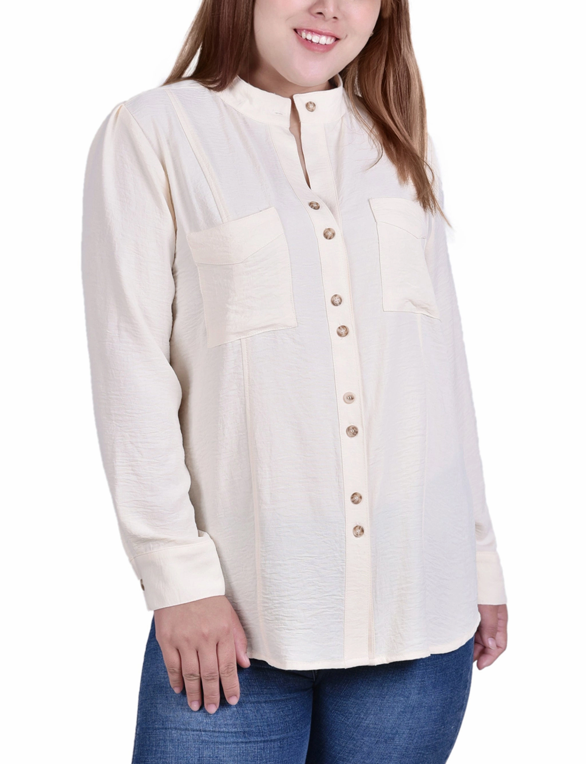 SustainableBlend Plus Size Long Sleeve Button Mandarin Collar Blouse